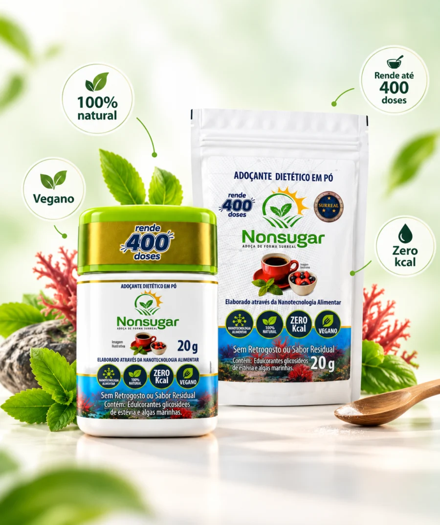 Pote e refil Nonsugar com colher medidora e benefícios do produto