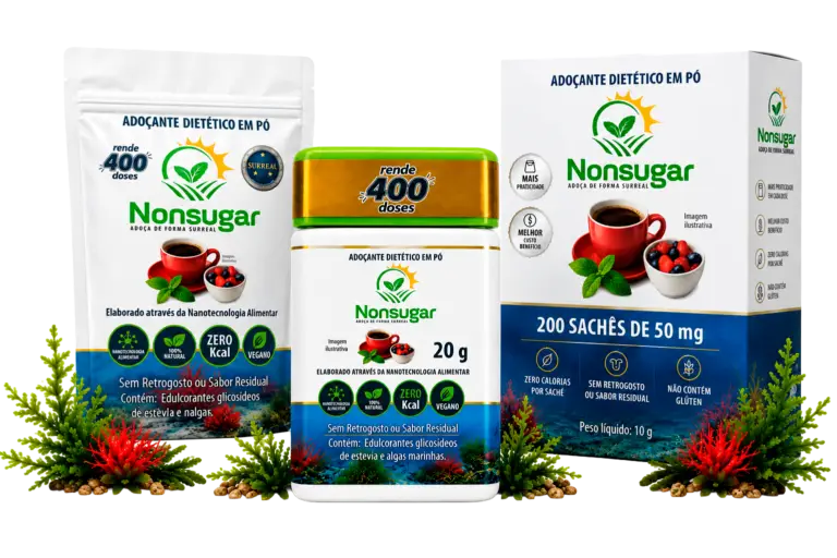 Linha de produtos Nonsugar com refil, pote de 20 g e caixa de sachês