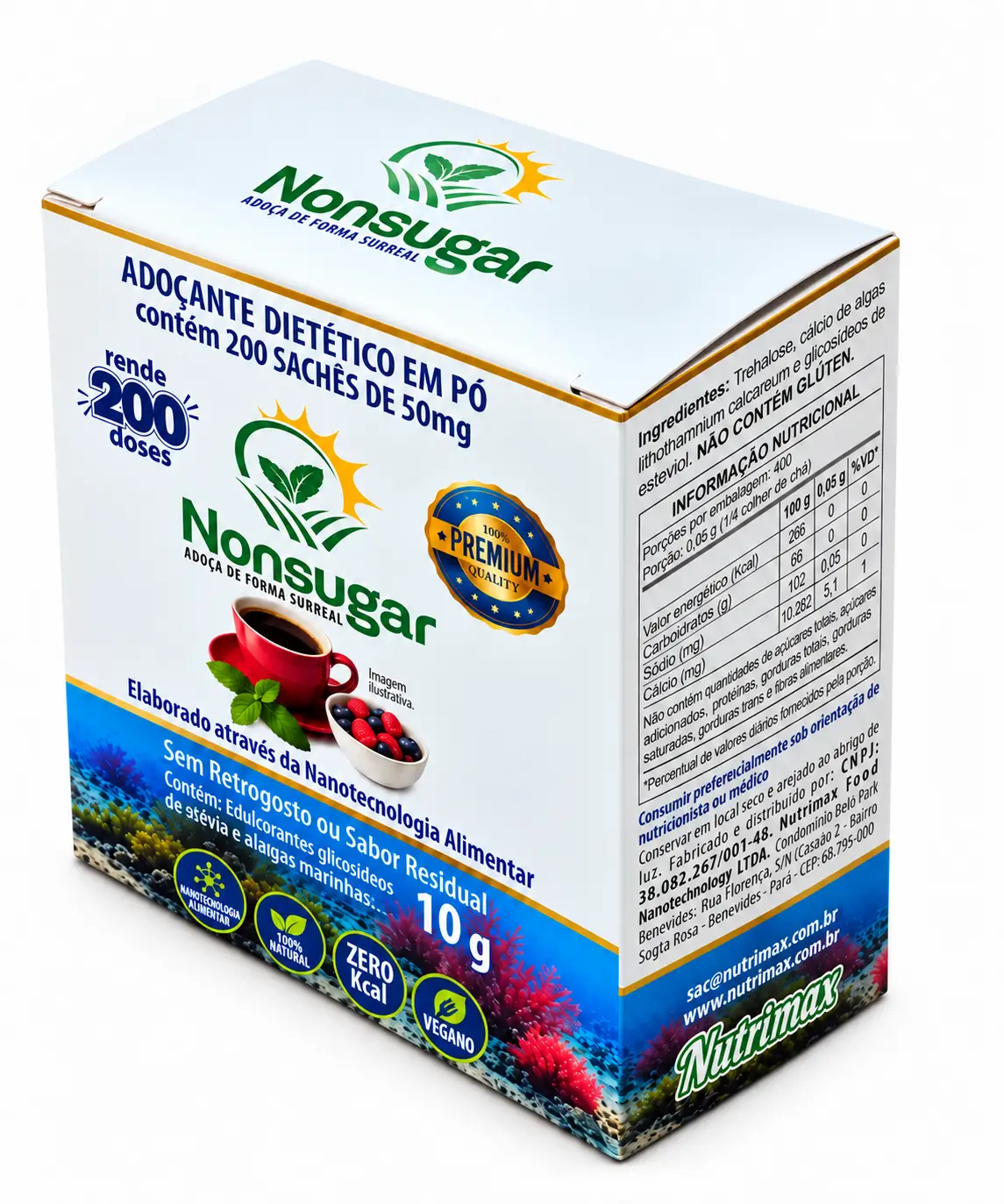 Caixa Nonsugar Monodose 10 g com 200 sachês individuais de 50 mg